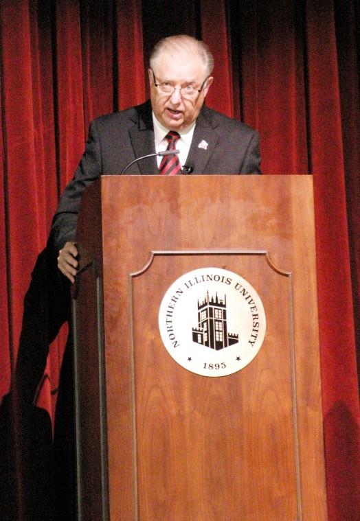 President John Peters, delivers the State of the University Address Thursday at Altgeld Hall.