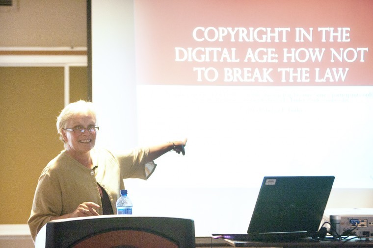 Presidential teaching professor Rebecca Butler speaks during a presentation of Copyright in the digital age: How not to break the law in Holmes Student Center Room 505 Tuesday afternoon. The presentation, which focused on a variety of copyright laws, was part of the NIU Notables Brown Bag Lecture Series.