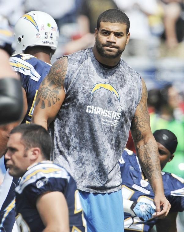 This Oct. 3, 2010, file photo shows San Diego Chargers  Shawne Merriman on the sidelines before an NFL football game against the Arizona Cardinals, in San Diego. Merrimans career with the Chargers is over. Once one of the most-feared players in the NFL, Merriman has been dogged by injuries the last three seasons.  (AP Photo)