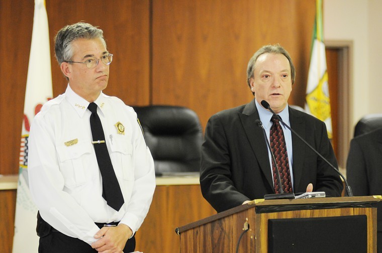 DeKalb Police Chief Bill Feithen (left) and DeKalb County States Attorney John Farrell address the media Tuesday morning at the DeKalb City Council Chambers. 