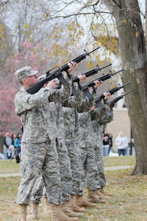 ROTC students participate in a 21 gun salute during Veterans Day Ceremony on Thursday outside of Altgeld Hall. 