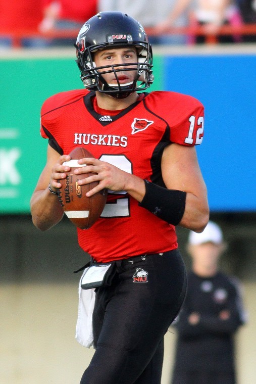 NIU+quarterback+Chandler+Harnish+has+his+work+cut+out+for+him+while+facing+NIUs+rival+the+Toledo+Rockets.
