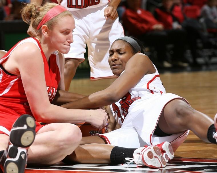 NIUs Shaakira Haywood fights for a loose ball in Sundays win over Miami (OH).