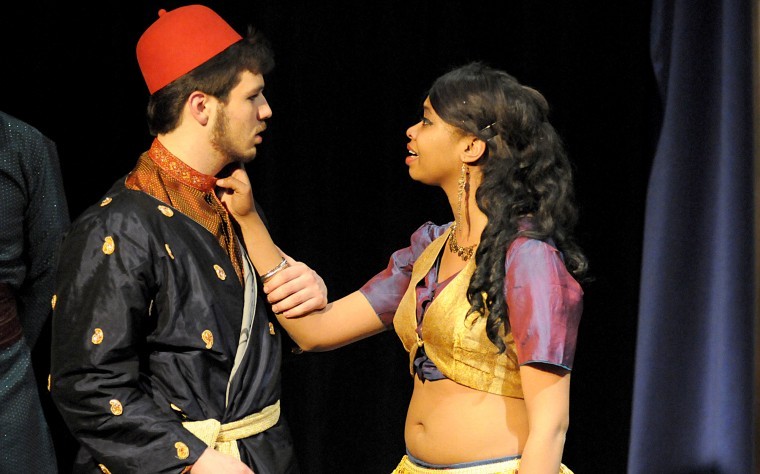 Jerry Burnes | Northern Star
Mitchell Martin, playing the Mad Man, and Jewelin Hale, playing the Perfect Love, act out a scene of Arabian Nights Wednesday night. 