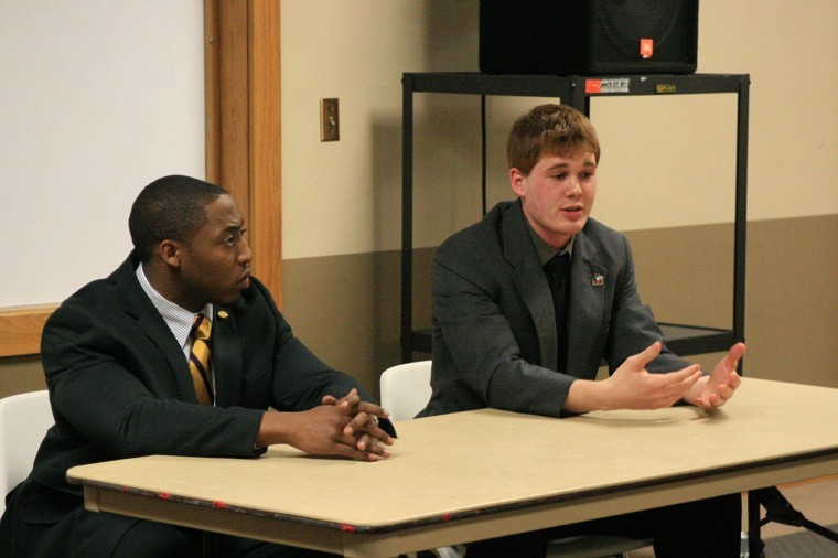 Student Association President candidates Elliot Echols and Derek Koegel take part in the SA executive election debate Tuesday night in the Hertiage Room of the Holmes Student Center.
