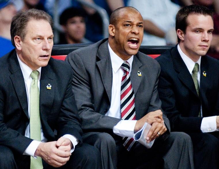 Josh Radtke | The State News
Mark Montgomery (center) has been hired as the new mens basketball head coach at NIU. He has spent the last 10 years as an assistant to Tom Izzo (left) and has coached in three Final Fours. 
