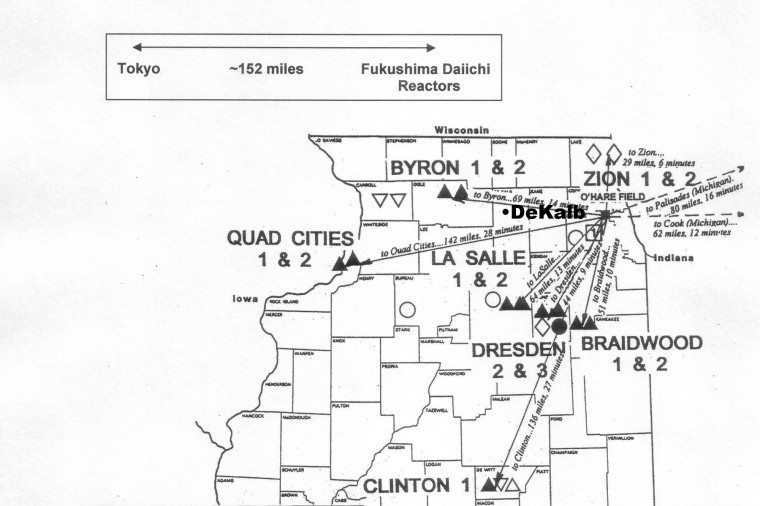 A map of nuclear power plants in Illinois and their relation to DeKalb. 