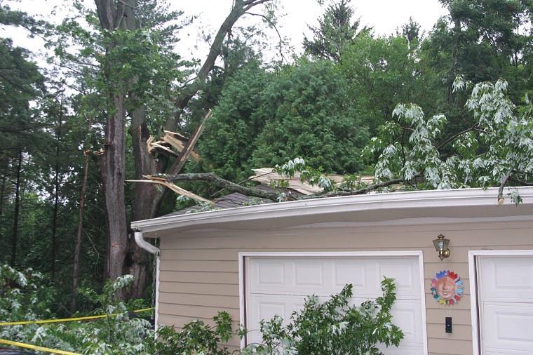 A tree branch breaks and lands on top of a garage after a severe
thunderstorm Monday morning. The storm, along with high winds, left
11,700 people in DeKalb County without electricity for the majority
of the day.
