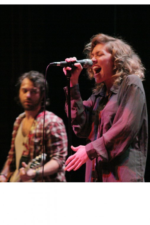 Genevieve Schatz, lead singer of Company of Theives, sings the
lyrics to one of their songs on Saturday at the Egyptian Theatre,
135 N. Second Street, during this year’s Middlewest Fest.

