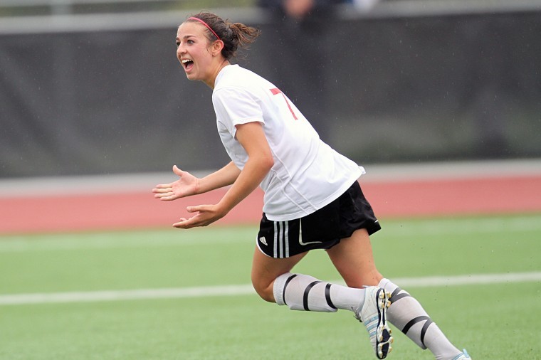 Sophomore Frances Boukidis celebrates after scoring her second
goal of the game against Loyola.
