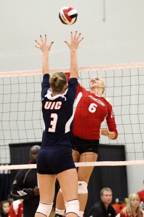 Northern Star File Photo-NIUs Sarah Angelos goes for a kill
during a Sept. 16 match against UIC.
