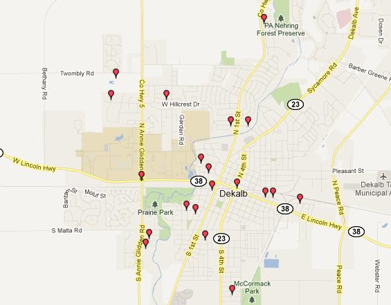 Google Maps-This map only shows 20 of the 35 registered sex
offenders in the DeKalb area.
