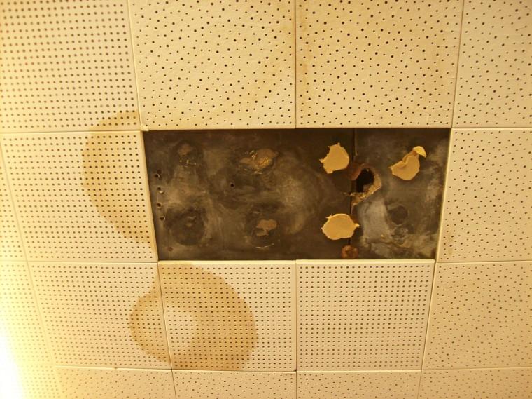 Missing ceiling tiles and visible water damage in Reavis Hall, Room 311. Reportedly, tiles have fallen from the ceiling as a result of the damage to the roof. English Department Chair Amy Levin said she was worried about how mold from the roof damage may affect peoples health.
