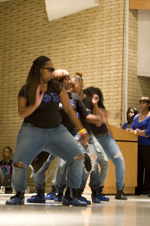 Jasmine Lewis of Zeta Phi Beta Sorority Inc. leads her sisters in their stroll at the stroll competition hosted by the women of Sigma Gamma Rho Sorority Inc. Friday September 7, 2012 in the Carl Sandburg Auditorium. The women of Zeta Phi Beta Sorority Inc. took first place in the ladies side of the competition.

