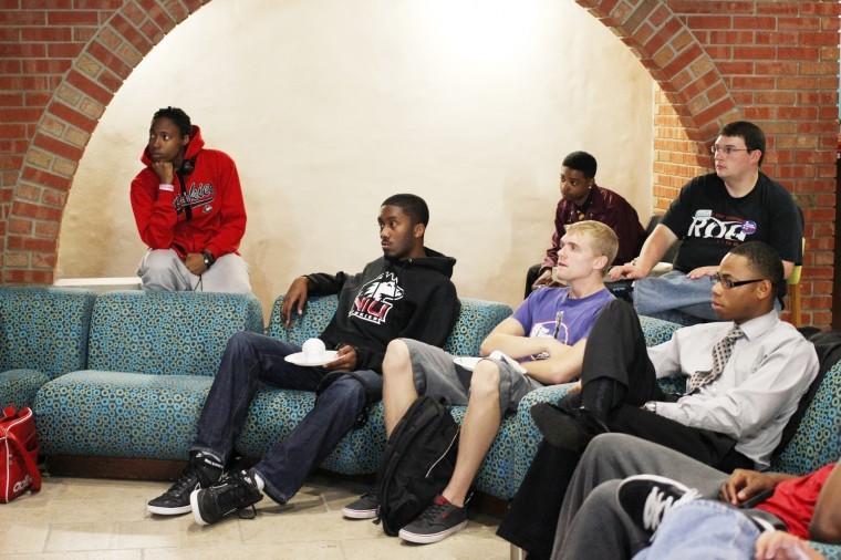 (Students names from left to right on couch): Junior communications major Jordan Reed; Andy Vikre, junior political science major; and Delonte LeFlore, senior organizational and computer communications major, watch the first presidential debate from the New Orleans Room of Stevenson C Tower Wednesday night. The debate was between presidential candidate Mitt Romney and President Barack Obama.
