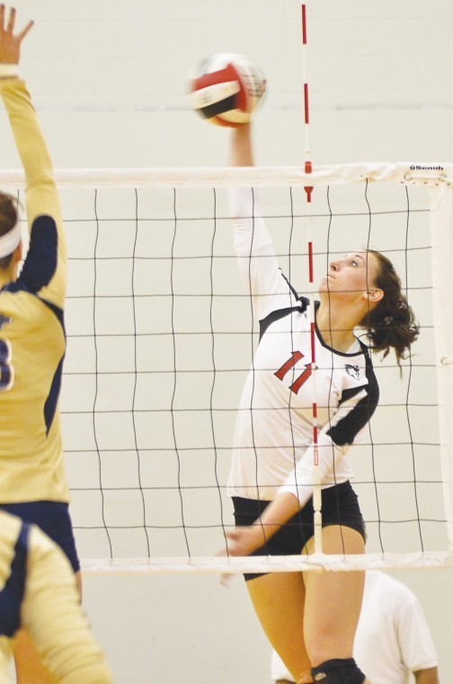 NIU Sophomore MacKenzie Roddy hurdles the volleyball back against the Akron Zips.
