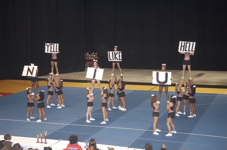The NIU Cheerleaders Perform at the Yell Like Hell competition.
