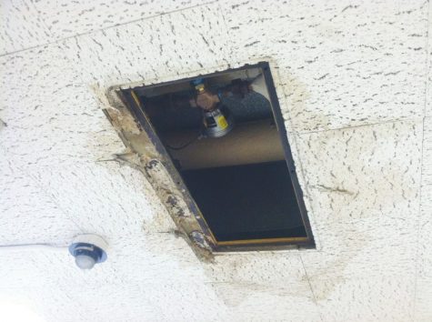 On the second floor of Dusable hall there is signs of damage to the ceiling. Dusable Hall is in need of renovation.