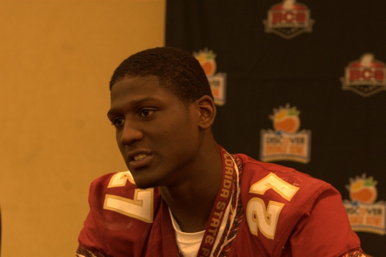 FSU red shirt junior defensive back Xavier Rhodes responds to media questions during an FSU defensive players news conference on Saturday. The Seminoles will play the NIU Huskies in the 2013 Discover Orange Bowl on Jan. 1.
