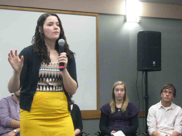Lauren Nale, Junior Rehabilitation Services student, speaks at the relaunch party for Honorable Mentions, an online student journal for all university honors students on Wednesday night in the Campus Life Building.

