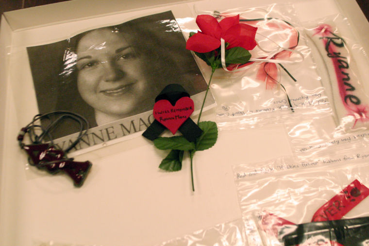 A collection of items placed at the temporary memorial for the victims of the February 2008 shooting; shown here are items placed in remembrance of Ryanne Mace. Items placed at both the temporary and permanent memorial are routinely collected by the Regional History Center and stored in the archives of Founders Memorial Library to preserve them.
