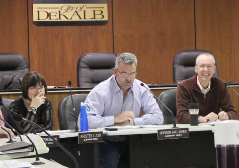 Alderman Brendon Gallagher discusses the housing development study presented by the NIU Center for Governmental Studies at Tuesday night's special city council meeting.