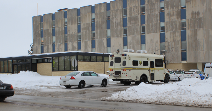 A mobile investigation unit is seen beside NIUs Police Station on March 6. The FBI and Illinois State Police are executing a search warrant on campus.
