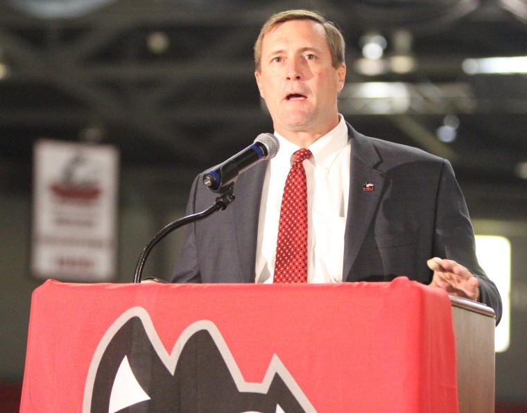 Northern Star File Photo - NIU Athletic Director Jeff Compher takes the podium at the NIU Basketball Media Day last fall.
