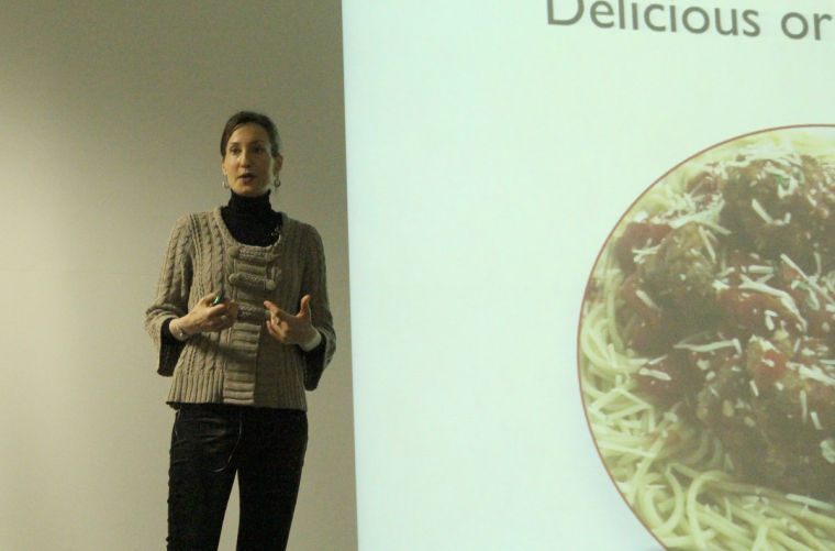 Melanie Joy, Harvard graduate and University of Massachusetts professor of psychology and sociology, gives a presentation about Carnism on Sunday evening in Wirtz Hall. Carnism she explains, is the belief system that influences people to consume meat. Joys lectured on the occasion of Earth Day.
