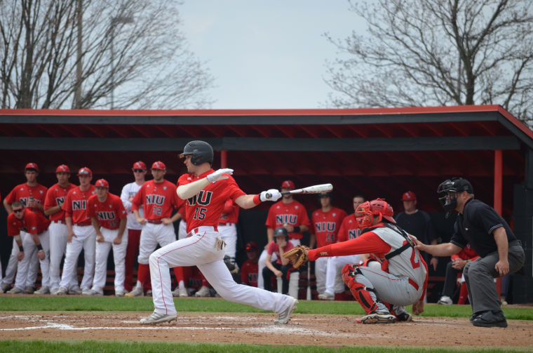 Senior Jamison Wells swings at bat on Sunday in the game against Miami University.
