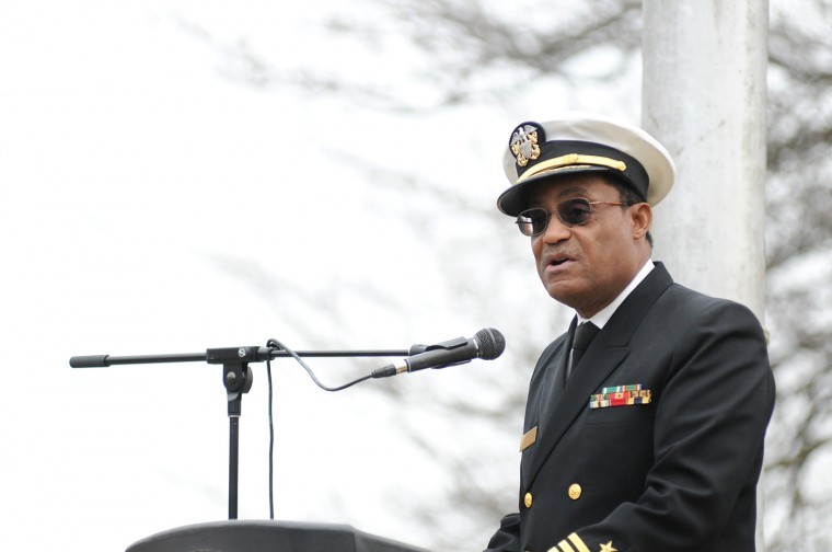 Eddie Williams, retired U.S. Navy captain and NIU executive vice president and chief of operations, delivers the keynote address Thursday at the Veterans Day ceremony outside Atgeld Hall.
