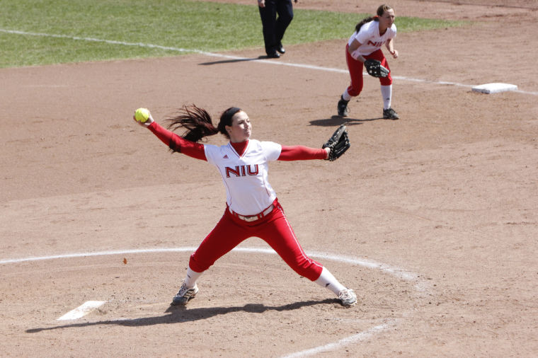 Sophomore Emily Norton pitches in an April game against Eastern Michigan University.
