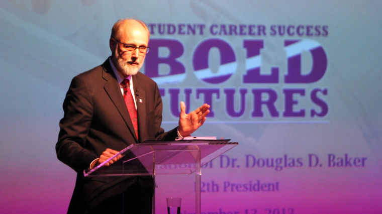 NIU President Doug Baker talks about his “four pillars” — student career success, a thriving community, financial and program liability and ethically inspired leadership — during his inauguration ceremony Wednesday.