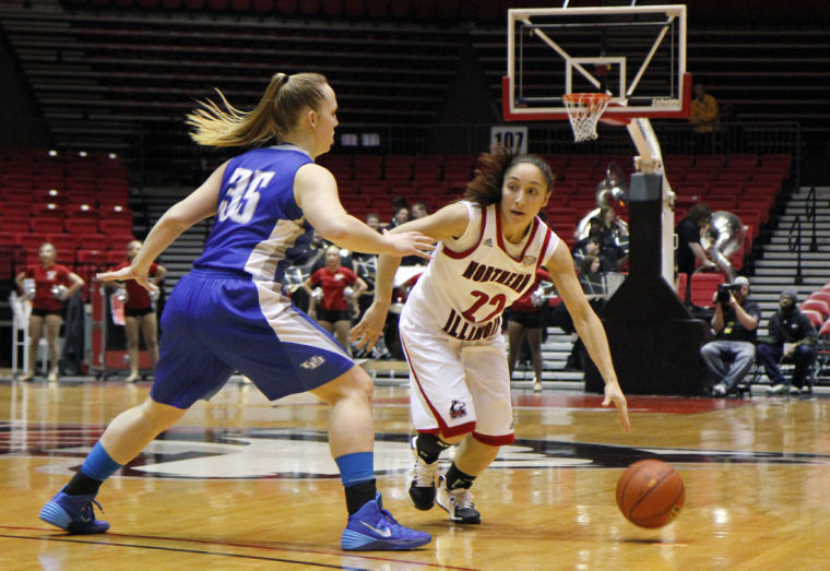 Junior Amanda Corral dribbles the ball down the court during Thursdays game against Buffalo at the Convocation Center. NIU lost, 63-52.