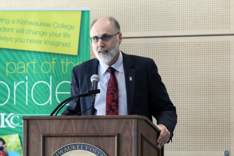 NIU President Doug Baker spoke about the reverse transfer agreement between Kishwaukee College and NIU Friday at the Visitors Center of Kishwaukee Community College.