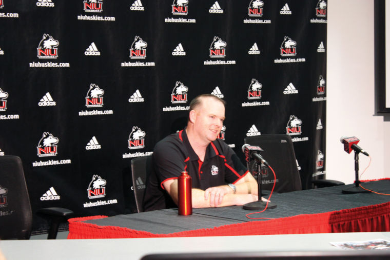 Head+coach+Rod+Carey+talks+about+the+Huskies+beginning+spring+practice+Tuesday+at+the+Yordon+Center.+Carey+said+he+is+nowhere+near+ready+to+name+a+starting+quarterback.