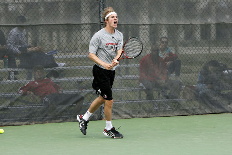 Senior Axel Lagerlof returns the ball during Saturday’s game against Toledo. Men’s tennis is headed to the MAC Tournament, where it lost in the finals in 2013 and the semi-finals in 2012.