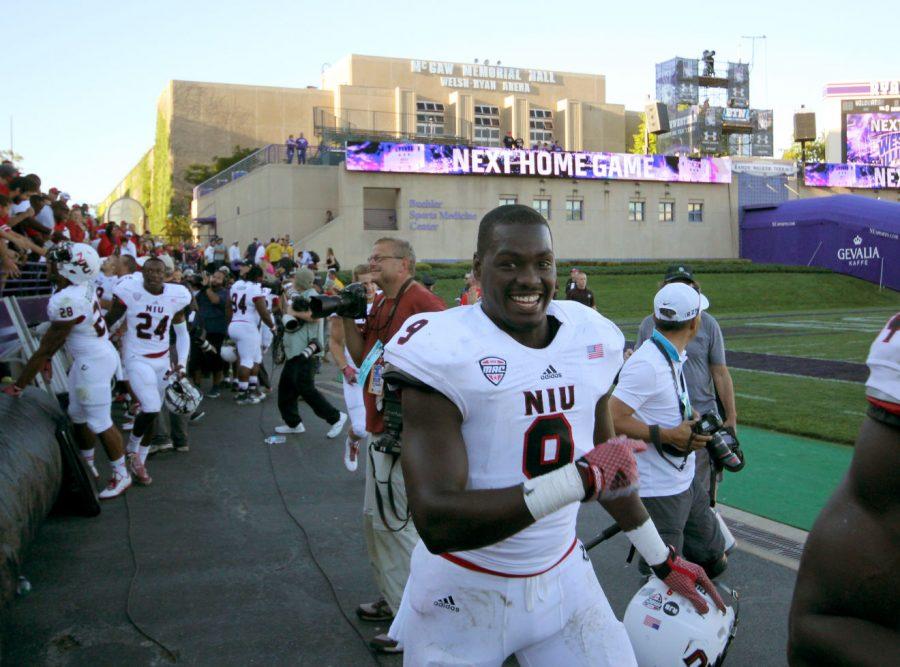 Redshirt junior linebacker Rasheen Lemon (9) exits Ryan Field in Evanston after NIU’s victory over Northwestern Sept. 6. Lemon, who played only two games last season before being suspended because of an academic issue, picked up MAC West Division Player of the Week honors for his performance against Northwestern, recording nine tackles and two sacks.