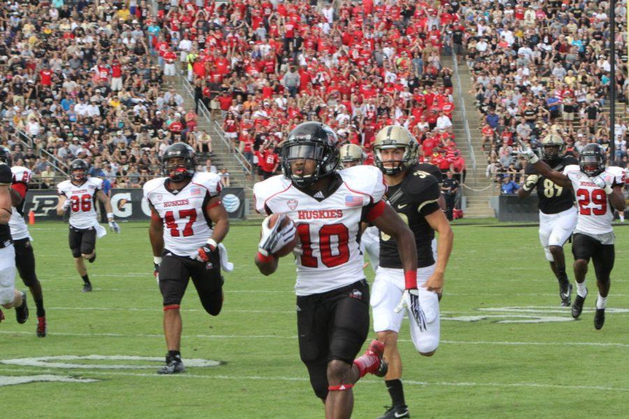 Senior Tommylee Lewis returns a kickoff against the Purdue Boilermakers Sept. 28 in West Lafayette, Ind. Lewis, who has returned four kickoffs for touchdowns in his three years at NIU, should play a vital role for the Huskies in the return game against Presbyterian.