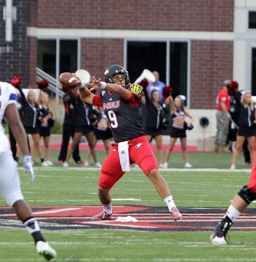 Quarterback Matt McIntosh (9) plays during Thursday’s game against Presbyterian, which NIU won 55-3. Head coach Rod Carey named McIntosh the Huskies’ starting quarterback Tuesday after months of McIntosh vying for the spot with Drew Hare and Anthony Maddie.