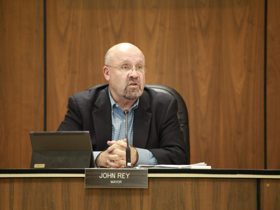 Mayor John Rey speaks Monday about the job opening for the position of city clerk at the City Council Meeting in the DeKalb Municipal Building. The seat has been vacant since the resignation of Liz Peerbook in late September. 