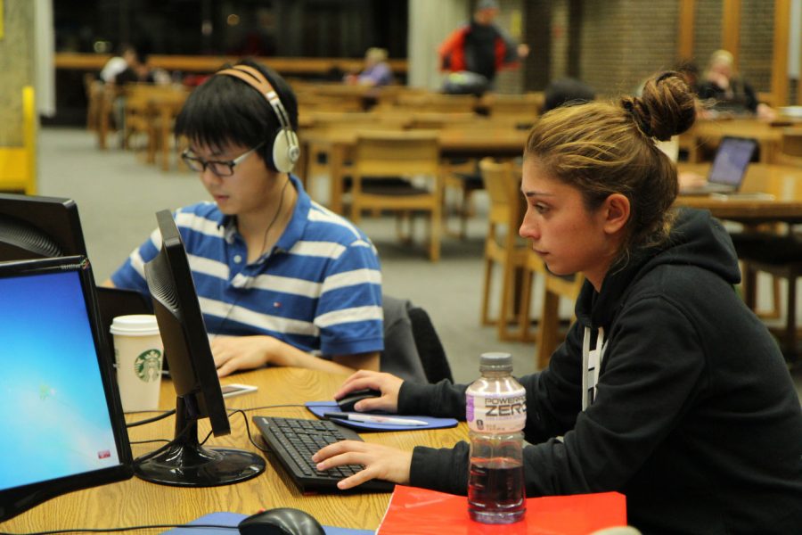 Graduate accounting student Kang Gao (left) and Nino Mebuke, graduate sports psychology student, work on computer workstations Monday night on the second floor of Founders Memorial Library. The university has plans to expand its Wi-Fi, potentially providing it to portions of downtown DeKalb.