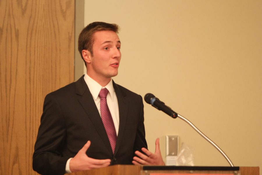 Junior marketing major Taras Lesyk gives a speech on why he should be appointed a senator at large at the Student Association meeting Sunday in the Holmes Student Center, Sky Room. The Student Association appointed nine senators-at-large as well as two Supreme Court justices.