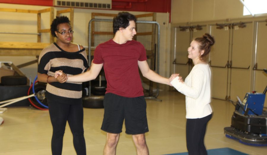 (Left to right) Freshman acting majors Shatece Haynes, Brooks Coran and Andrea Reed rehearse for their showcase, “Sweetness and Light.” The show takes place at 7:30 p.m. Thursday at the Holmes Student Center, Diversions Lounge.