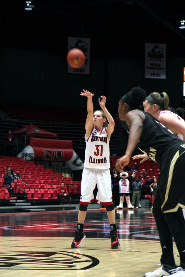 Sophomore Ally Lehman (31) shoots a free throw Feb. 11 in the game against the Western Michigan Broncos at the Convocation Center. Lehman has played in 53 games, starting 50 of them, during her two seasons at NIU.