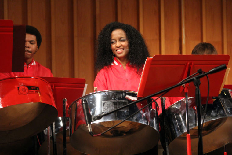 NIU Steel Band members perform “Celebrating the Past, Present and Future” April 13 in the Music Building’s Boutell Memorial Concert Hall. The show marked NIU Steel Band’s 40th anniversary.