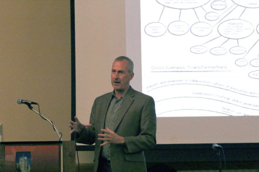 Ron Walters, who provided consulting services to NIU President Doug Baker, discusses the Master Plan Thesis during a Feb. 9, 2014, Student Association Senate meeting. A Northern Star analysis found Walters was paid about $460,000 during 18 months of work at NIU and he was improperly reimbursed about $32,000 for travel expenses.