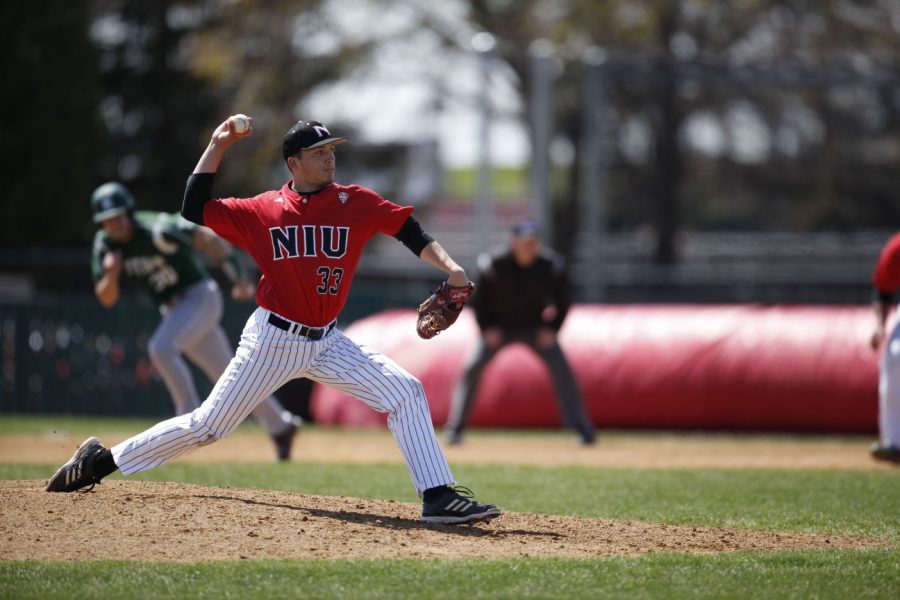 Sophomore pitcher Andrew Frankenreider delivers a pitch in the game against the Eastern Michigan Eagles on April 26. The Huskies are currently tied for ninth in the MAC, and the top eight teams make the MAC Tournament.