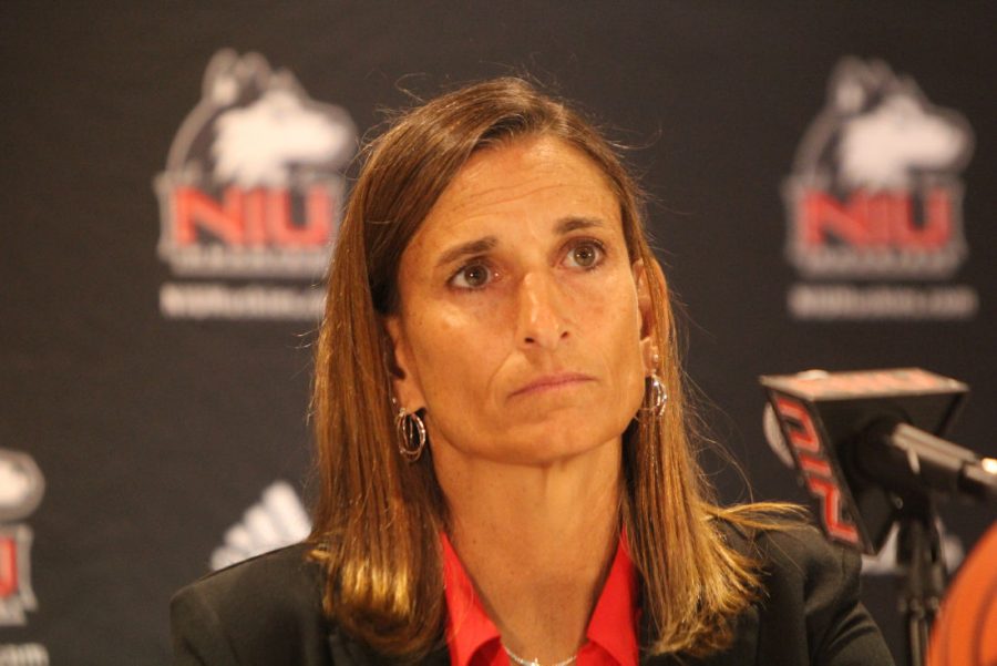 Lisa Carlsen answers questions in a June press conference. Carlsen is preparing for her first season as head coach of the Huskies.