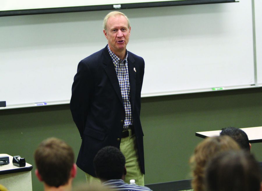 Republican gubernatorial candidate Bruce Rauner speaks to business students Aug. 29 in Barsema Hall. Rauner gave advice on investing in start-up businesses and discussed how he will use his experience in venture capitalism to promote job growth in Illinois if elected in November. My favorite people in the world are entrepreneurs, Rauner said. They take risks, take a lot of grief. They have to be lucky, but they also have to be smart and good and tough, and it’s all about team building.